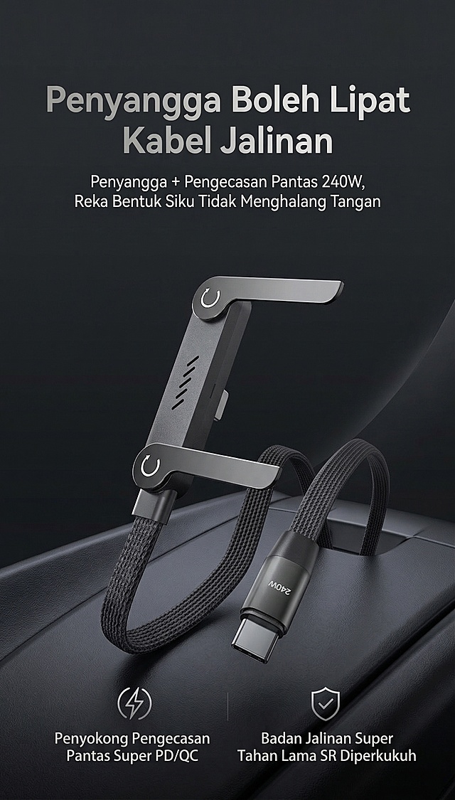 基于原图重新生成，更换排版，色系风格为干净科技黑灰质感，整体调性极简干净、高级质感、低饱和、无杂乱元素，视觉为质感产品图 + 精致对比 + 轻科技感，风格是黑色高级汽车风，马来简约高级3c风格，干净高级构图。主图展示折叠支架编织数据线，大字标题 "折叠支架 编织数据线"，副标题 "支架+240W闪充，弯头设计不挡手"，文字语言为马来语言，保持原图比例，不要白底图。核心卖点：超级快充支持PD/QC，超强耐用编织线身SR加固