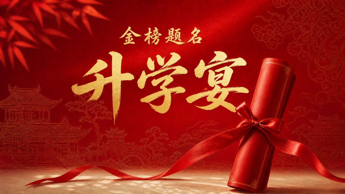 在红色新中式底图上添加文字：金榜题名放在上方字号较小，升学宴作为主标题字号更大，文字颜色为微金色，保持大红色国风、绑红丝带红色卷轴、线描建筑纹样的风格和布局不变，画面清晰高级预览效果