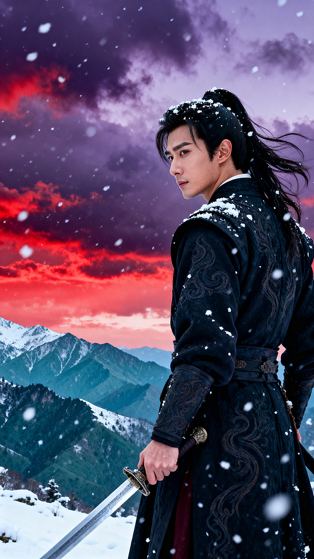 穿玄色剑袍的东亚男子在风雪中回头，最后望一眼身后，帅气的脸上神色克制又温柔，剑上的光芒映着白雪，背景是层层远山与艳红色的云霞，色彩浓烈，写实电影唯美风格，无违规内容。