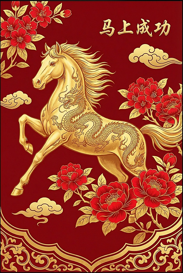 鎏金浮雕风格，工笔细腻勾勒金马腾跃，龙纹盘绕，红花祥云点缀，极繁主义构图尽显国潮奢华，喜庆中式祝福“马上成功”跃然纸上。