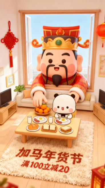 3d卡通风格，客厅景观。Q版巨大灶王爷（形象软萌）从窗户外探身进来，双手把图中主体放在客厅桌上（桌面摆放橘子、果盘），客厅装饰中国结、灯笼元素，暖色调喜庆氛围，画面底部毛绒地毯上绣着“加马年货节”“满预览效果