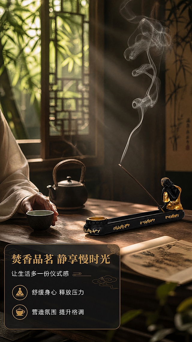 [商品] 使用【图1】禅意卧佛香插线香香炉；保留黑色主体、金色卧佛造型、线香正确插入；线香点燃，青烟袅袅升起。
[画面] 页面目标：使用瞬间氛围展示，传递禅意生活方式与焚香品茗的美好意境。构图：大场景氛围图，产品占画面35%，放置在木质茶桌上，一位身着素色中式服装的女性手部（仅露手与小臂）正伸手轻扶茶杯，侧对香插，画面有袅袅青烟升腾。背景为虚化的中式窗棂与竹林光影。阅读动线：从右上青烟→中部产品→左下人物手部动作。
[视觉] 套系策略：风格=新中式禅意商业摄影风；标题字=宋体粗体（典雅中式）；正文字=简洁无衬线体；主色=玄黑+鎏金；背景延展=暖木色、竹影斑驳、柔光朦胧；强调色=暖金色，仅用于小面积图标、引线和重点文字高亮；标题色=鎏金色；正文色=米白色；组件=圆角深色信息卡、细金线引线、中式云纹装饰；光影=窗边自然光斜射，形成丁达尔效应，青烟在光束中清晰可见，整体暖调柔和。
[文字] 画面左下角色块主标题：焚香品茗 静享慢时光；副标题：让生活多一份仪式感；下方2个短卖点：① 舒缓身心 释放压力 ② 营造氛围 提升格调。文字区位于左下角深色半透明色块上，不遮挡人物与产品主体。所有文字横排。
[规格] 图片比例9:16竖版，4K分辨率，负向提示：避免变形、错字、文字过小、人物面部出现、冷色调、青烟效果虚假、产品比例失调。