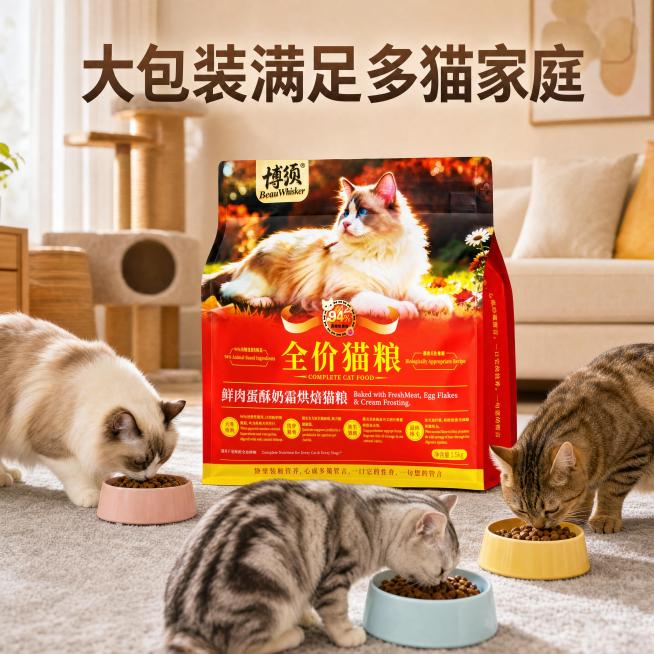 [主图-19] 多猫家庭食用场景图。[氛围风格] 热闹温馨生活化实拍风。[画质] 商业摄影质感、光线柔和通透、产品清晰真实、画面干净高级、4k超高清。[元素] 大袋猫粮包装袋放在客厅地毯中央，三只不同预览效果