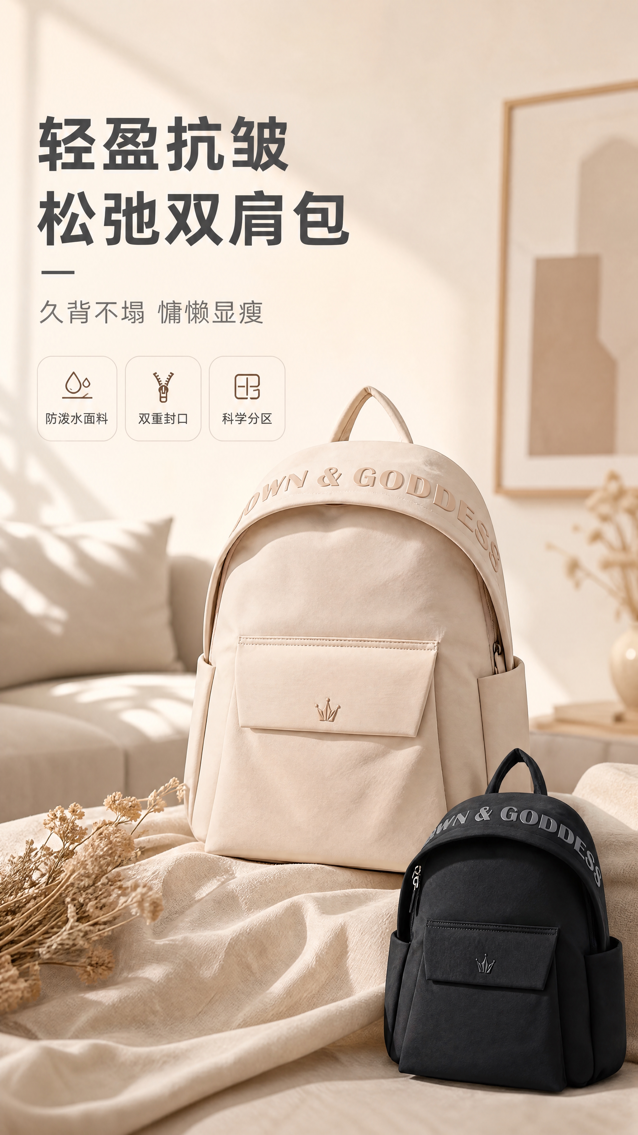 [商品] 使用【图1】黑色双肩包和【图2】浅卡其色双肩包；商品… - 图片创意预览