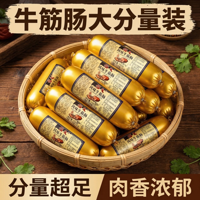 我的产品是牛筋肠，帮我做10张主图产品堆积起来突出产品多预览效果