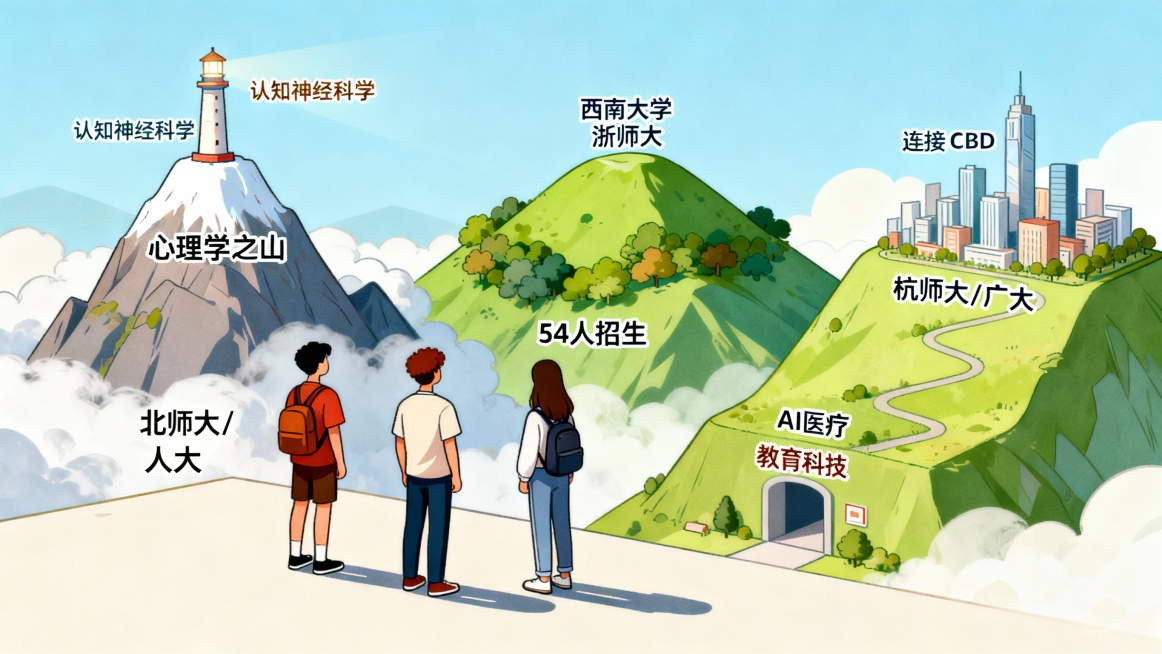 三位不同背景的学生站在三座“心理学之山”前：左侧高峰（北师大/人大）云雾缭绕，山顶有“认知神经科学”灯塔；中部山丘（西南大学/浙师大）绿意盎然，山腰标着“54人招生”；右侧缓坡（杭师大/广大）连接城市预览效果