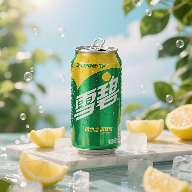 雪碧罐装饮料特写，绿色与黄色渐变的经典包装，表面有水珠质感，银色拉环和罐底，包装上有白色“雪碧”字样及“清爽柠檬味汽水”“透心凉 渴释放”文字，保持产品原比例和设计细节，背景替换为夏日阳光照耀下的冰镇饮料展示台，台面上散落着新鲜柠檬片和冰块，周围有虚化的绿色树叶和气泡升腾的清凉氛围，整体风格保持写实产品摄影质感，光线明亮柔和，突出饮料的冰爽清新感。