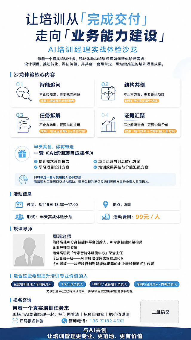 竖版9:16高端商务科技风宣传海报，AI培训经理实战体验沙龙，所有文字内容严格保留原文一字不改，仅做排版设计。顶部预留约8%高度的空白区域用于放置品牌logo，纯白背景。主标题区域：深蓝色大字'让培训从「完成交付」'换行'走向「业务能力建设」'，字体厚重有力，「完成交付」用科技蓝突出，「业务能力建设」加粗。副标题：科技蓝色'AI培训经理实战体验沙龙'，下方是描述文字'带着一个真实培训任务，现场体验AI培训经理如何帮你诊断需求、设计项目、推动转化、评估价值，并共创一套可带走、可继续推进的培训项目成果。'沙龙体验核心内容板块：标题'沙龙体验核心内容'配左侧短竖线装饰，下方2x2排列四张白色圆角卡片，每张卡片左上角是序号加图标：01智能追问配对话气泡放大镜图标，文字'不止接需求，更要找准问题 成果：培训需求诊断报告'；02结构共创配拼图架构图标，文字'不止写方案，更要设计项目 成果：学习项目设计方案'；03任务拆解配清单箭头图标，文字'不止办培训，更要推动应用 成果：项目运营与训后转化方案'；04证据汇聚配数据图表图标，文字'不止看满意度，更要说清价值 成果：培训效果评估与价值汇报方案'。成果用橙色小标签标注。半天共创你将带走板块：标题'半天共创，你将带走'，核心内容'一套《AI培训项目成果包》'，下方包含四项用对勾列表：培训需求诊断报告、学习项目设计方案、项目运营与训后转化方案、培训效果评估与价值汇报方案。下方浅蓝底色区域文字'同时带走一套可复用的AI协同方法：看清哪些工作可以交给AI辅助，哪些关键判断仍需培训经理与业务负责人共同把关。'活动信息板块：标题'活动信息'，四项信息2x2网格排列配图标：时间：8月15日 13:30—17:00、地点：深圳、形式：半天实战体验沙龙、活动费用：99元／人，99元／人用橙色加粗突出。授课导师板块：标题'授课导师'，左侧三分之一宽度是3:4竖版职业形象照占位框，右侧三分之二宽度文字：周瑞老师（加粗），换行'能师高徒AI分身智能体平台创始人、AI专家智能体架构师'，换行'企业导师制专家'，换行'培伴高研院「专家智能体赋能中心」荣誉主任'，换行'《跃变者手册——AI导师陪你完成管理进化》《AI老板——从经验复制到智能体矩阵的企业增长新范式》作者'。适合对象板块：标题'适合这些希望提升培训专业价值的人'，下方四个蓝色圆角标签：企业培训经理／培训负责人、TD／LD负责人、HRBP／业务培训负责人、培训项目负责人／内训负责人。底部小字提示'尤其适合手上已有培训需求、学习项目或效果评估任务的参与者。'报名咨询板块：标题'报名咨询'，主号召语'带着一个真实培训任务来'，下方'现场与AI培训经理一起：把问题看清｜把项目做实｜把价值说清'，再下方'扫码报名体验'和'咨询电话：136 7182 4802'，右侧是二维码占位框标注'二维码区'。最底部深蓝色全宽收口条，白色文字居中：'与AI共创'换行'让培训管理更专业、更落地、更有价值'。整体配色：深蓝#0A2463主色、科技蓝#3E92CC辅助、活力橙#F4A261高亮、米白#F7F8FA背景、白色卡片。所有文字内容严格保留原文，字号层级协调不突兀，卡片圆角统一8px，线性图标风格一致，专业商务科技感。