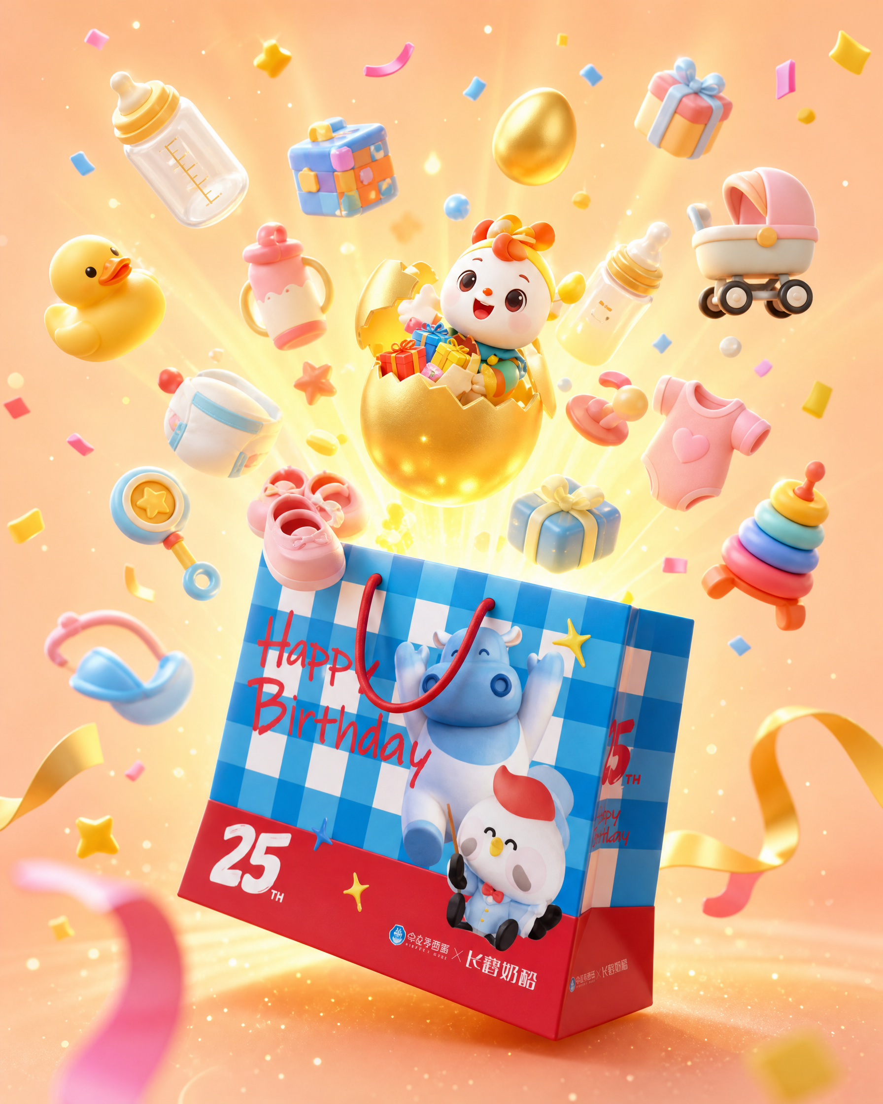将两张图整合，以图1的蓝白格子生日礼袋为主体，礼袋打开，从袋口… - 图片创意预览