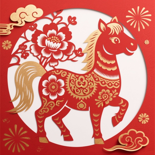 传统剪纸风格的生肖马设计，一匹可爱的小马形象，由红色和金色的剪纸图案构成。马的鬃毛和尾巴是盛开的花朵形状，身上装饰着繁复的回纹和祥云图案。面带微笑，背景是纯红色，点缀着金色的祥云和烟花图案。整体风格喜预览效果