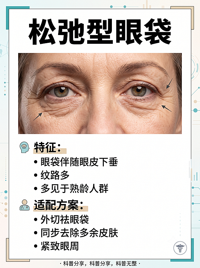 松弛型眼袋科普图，画面为松弛型眼袋眼部特写，大字标题"松弛型眼袋"，正文文字："特征：眼袋伴随眼皮下垂、纹路多，多见于熟龄人群
适配方案：外切祛眼袋，同步去除多余皮肤，紧致眼周"，统一自然光影，干货科普风格，干净排版
