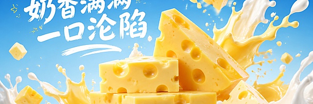 蓝色系奶酪宣传海报，清新明亮的浅蓝色背景，画面主体是多块金黄色带孔洞的埃曼塔尔奶酪，周围有飞溅的奶黄色芝士浆液和牛奶飞溅效果，营造浓郁奶香氛围，画面上方有醒目的白色艺术字文案"奶香满满 一口沦陷"，整体风格活泼诱人，食品摄影质感，高清细腻，不要出现价格，不要出现具体品牌标识和包装