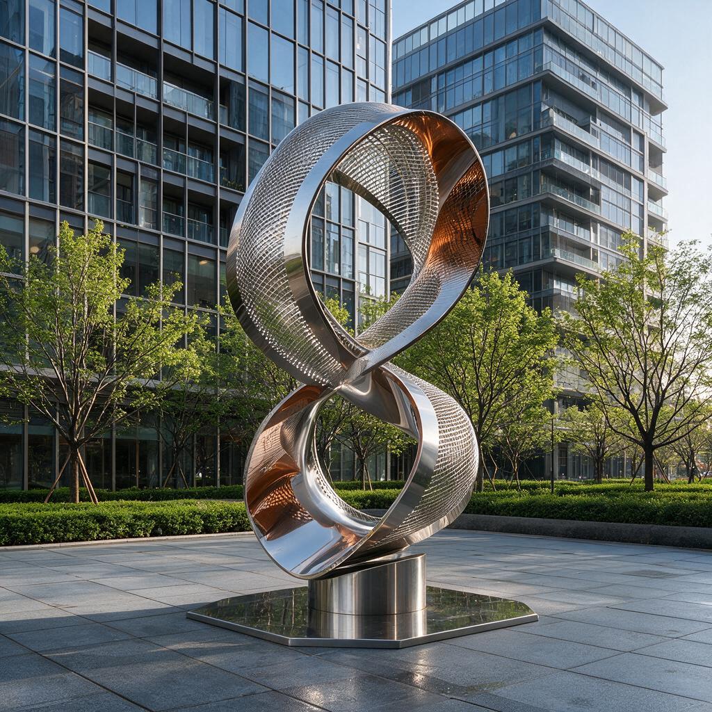 参考图片中的现代不锈钢镜面扭曲雕塑风格，重新生成画面内容，镜头… - 图片创意预览