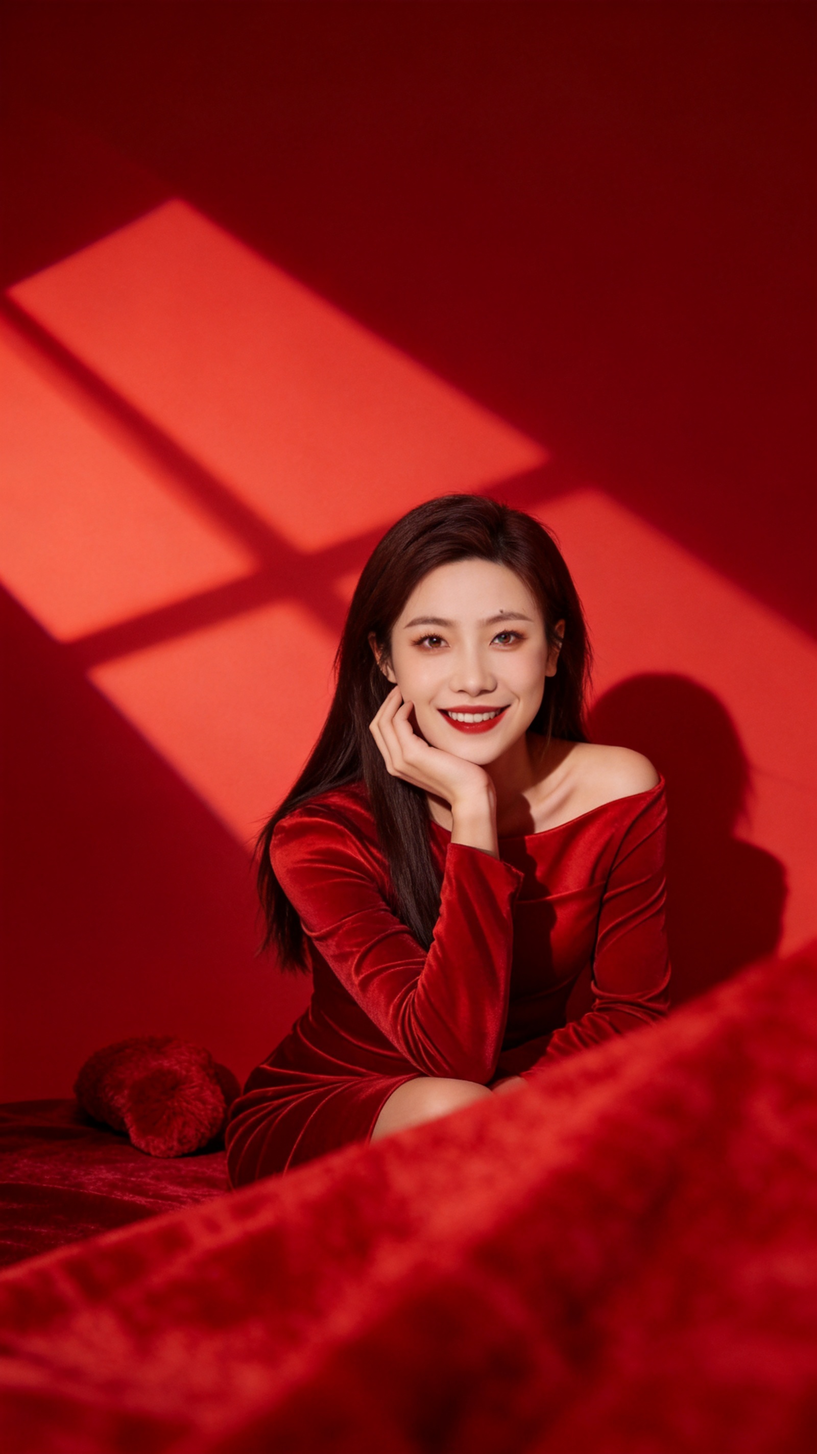 生成高级时尚红色光影写真，人物必须高度还原参考图1的五官比例与… - 图片创意预览