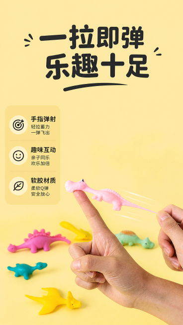 [第2屏] 核心玩法演示，弹射小恐龙手指弹弓产品使用展示。
[氛围/风格] 明亮清晰场景风，浅黄纯色背景，商业实拍质感，直观展示玩法，画面活泼有趣。
[元素布局] 使用图2作为核心参考，展示手指拉伸弹预览效果