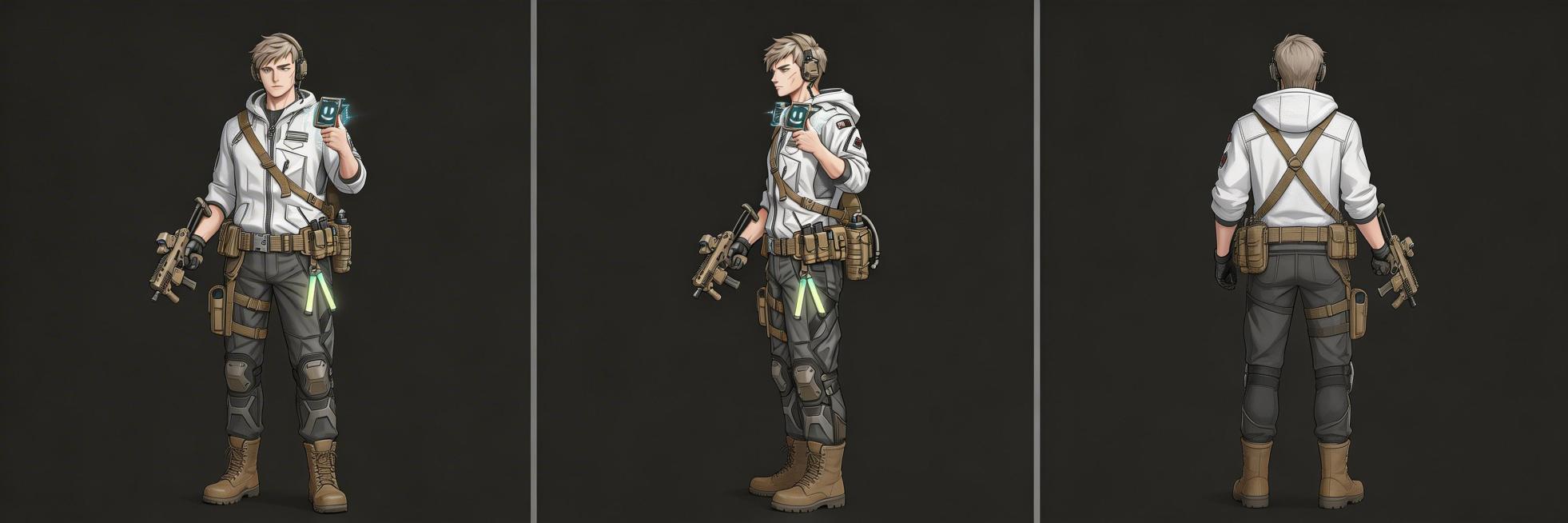 生成这个角色的全身三视图（正面，侧面，背面）鞋子是战术军靴预览效果