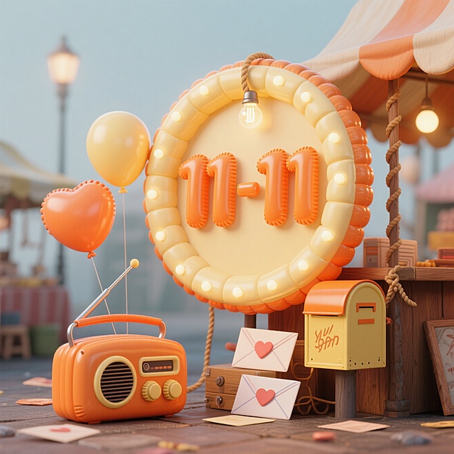 软3D风卡通场景，充气感数字“11-11”灯牌点亮喜庆氛围，搭配复古收音机与心形气球，传递甜蜜温馨的节日趣味。