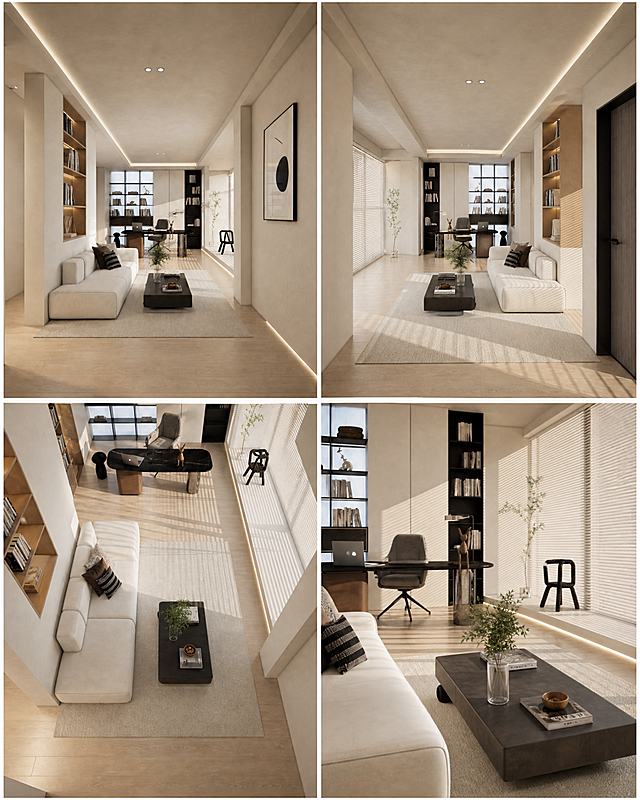 四宫格拼接图，展示这个办公室场景四视图，白天自然光影，无人场景，高清写实8K。1.第一张：左旋转45度镜头，完整展示全场景；2.第二张：右旋转45度镜头，完整展示全场景；3.第三张：俯视镜头，完整展示全场景；4.第四张：近景局部特写。将四张图汇总拼接为一张图片