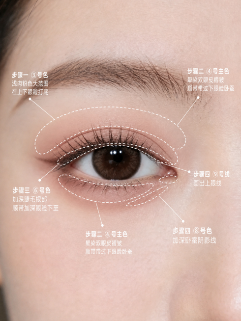 在眼妆实拍图上添加白色虚线眼妆教程标注，展示温柔燕麦裸杏粉眼妆的四个步骤：步骤一：③号色浅肉粉色大范围在上下眼睑打底；步骤二：④号主色晕染双眼皮褶皱，顺带带过下眼睑卧蚕；步骤三：⑥号色加深睫毛根部，顺预览效果