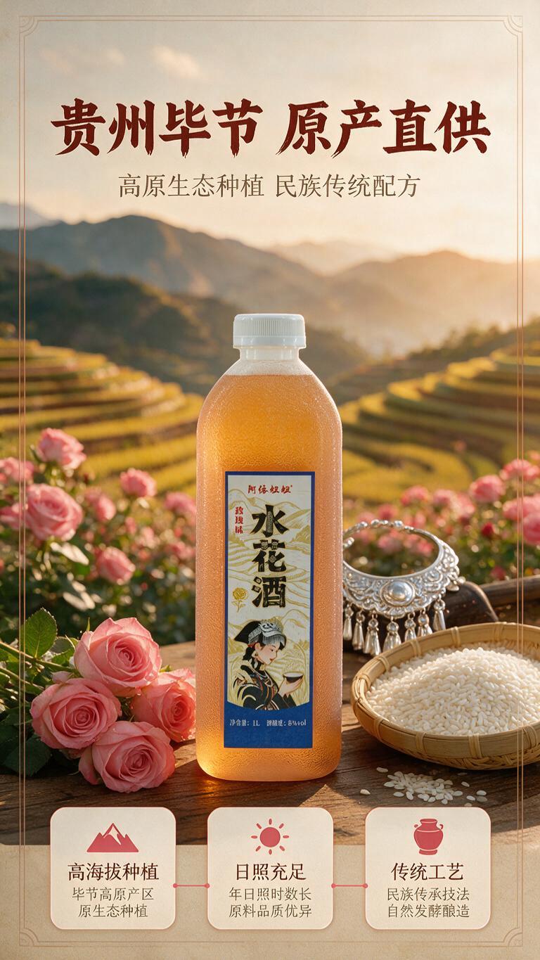 [商品] 阿依妞妞玫瑰味水花酒，贵州毕节产地。 [画面] 第4… - 图片创意预览