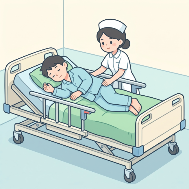 可爱简约的动漫风医护图标，护士协助卧床患者在标准病床上翻身，线条简洁，配色清淡，风格和参考图片一致，适合用于肾科普海报插图，病床调整为标准医用病床样式预览效果