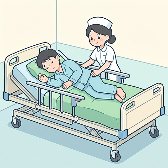 可爱简约的动漫风医护图标，护士协助卧床患者在标准病床上翻身，线条简洁，配色清淡，风格和参考图片一致，适合用于肾科普海报插图，病床调整为标准医用病床样式