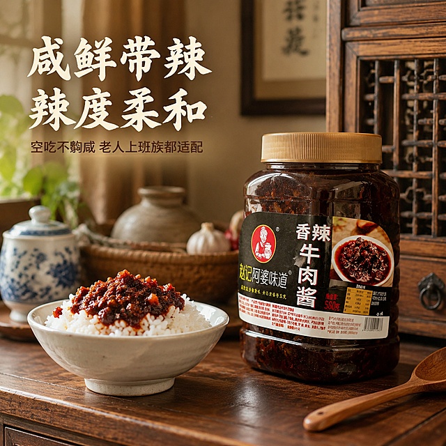 「图片1」，生成电商主图（7张），商品名称是香辣牛肉酱，卖点是大块真实牛肉粒，肉含量足
选用优质牛肉切丁，肉块饱满不碎渣，不靠豆制品填充，每勺都能吃到扎实肉粒，肉香突出。
煸炒去腥，久熬入味不柴
牛肉先爆炒锁汁去腥味，搭配豆瓣、香料慢火熬煮，肉质软嫩，吸满酱香不发干。
香辣均衡，适配大众口味
咸鲜带辣，辣度柔和不烧心，空吃不齁咸，老人、上班族都适配。
万能佐餐调味，吃法超多
拌饭拌面、夹馒头、炒菜、蒸菜、米线盖浇、凉拌蘸料均可，懒人快手餐必备。
配料干净，标准化生产
菜籽油、天然香辛料调配，无劣质填充料，无尘车间高温灭菌密封灌装，锁鲜保质。
家用商用两种规格
玻璃瓶适合家庭日常食用；大容量桶装供餐馆、面馆、食堂，性价比更高。，适配淘宝/天猫平台，主图比例为1:1「图片1」结合这两张图片设计主图，古风背景风格