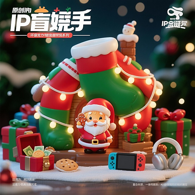 将此区域的改为圣诞人，以胖娃娃的可爱形象呈现，头戴圣诞帽，手拿圣诞姜饼另一只手放眼前比耶