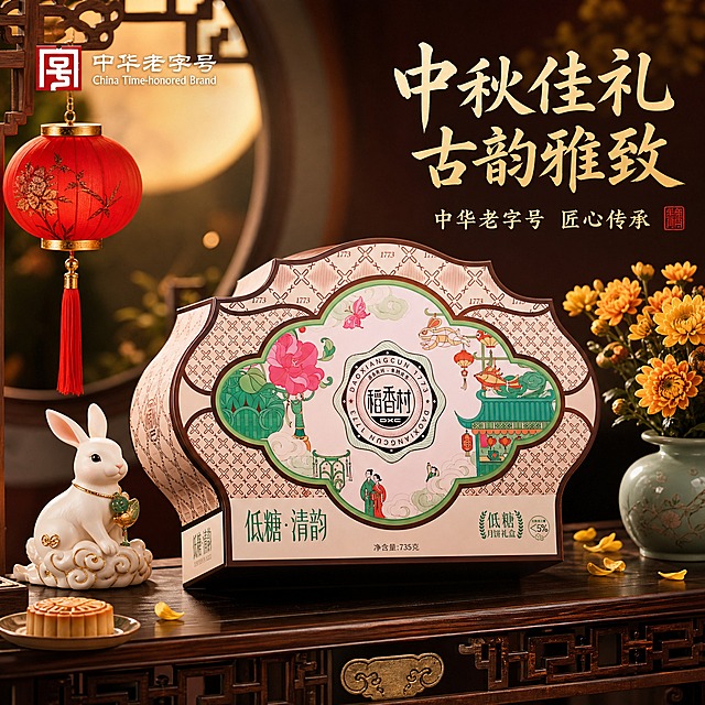 电商主图，稻香村低糖清韵月饼礼盒第三张。中秋送礼场景：礼盒放置在中式玄关案几上，旁边有红色灯笼、玉兔摆件与菊花装饰，营造节日送礼氛围。礼盒为视觉主体，45度角展示。右上方大字：中秋佳礼 古韵雅致，下方小字：中华老字号 匠心传承。整体暖色调，温馨喜庆，突出礼盒的礼赠价值与文化底蕴。新中式美学风格，光影柔和。禁止出现正品保证、破碎包赔等字样。