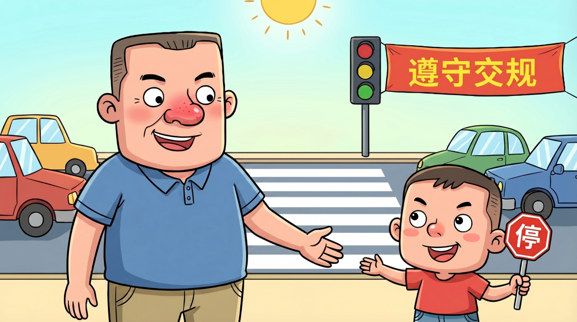 将父子两人的衣服修改为普通居民日常穿着的衣服，保持卡通风格，父亲大平头整体平顶酒糟鼻子，儿子小平头微平顶鼻子上翘，构图保持不变预览效果