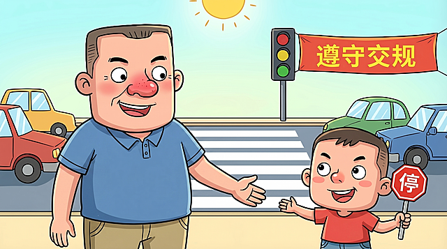 将父子两人的衣服修改为普通居民日常穿着的衣服，保持卡通风格，父亲大平头整体平顶酒糟鼻子，儿子小平头微平顶鼻子上翘，构图保持不变