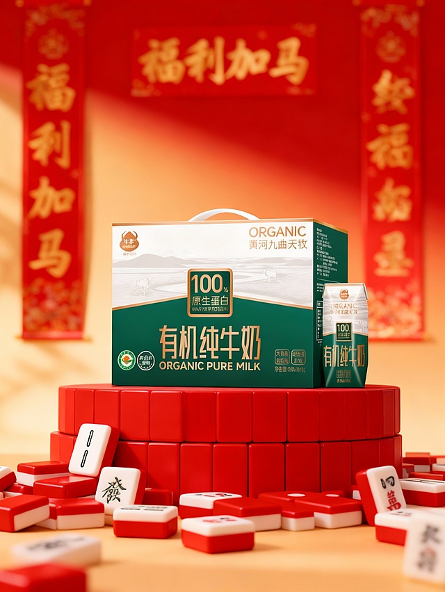 红色麻将随意堆叠成创意展台，主体摆放在麻将展台上（主体占画面比30%，正面视角），红金渐变背景（“福利加马”鎏金字体对联点缀，虚化），自然光影，高饱和喜庆感配色，保证溶图效果。