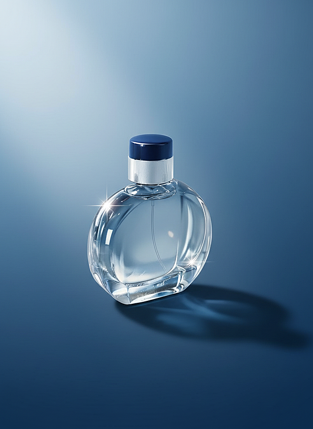 画面中心是主体，反光，玻璃质感，背景为渐变冷调蓝色，光线营造出柔和光束与阴影