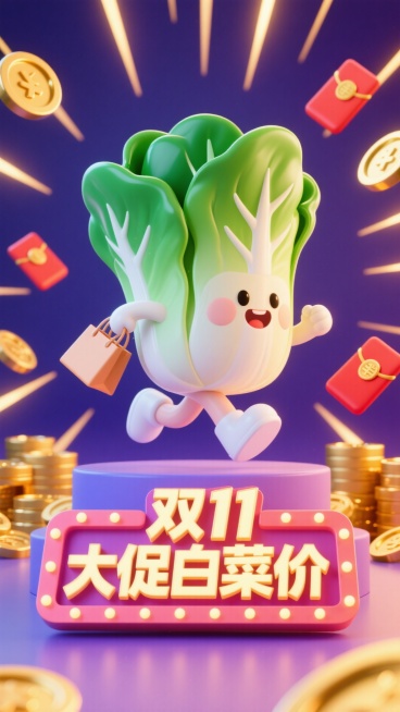 主视觉为一颗小白菜提着购物袋冲出画面，正面视角，背景金币、红包、放射线点缀，画面下方为3D文字灯牌“双11大促 白菜价”预览效果