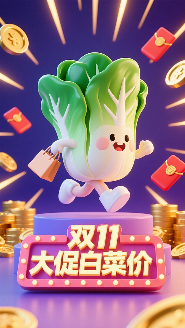 软3D风格拟人白菜跃动奔跑，手持购物袋，背景金币红包飞舞，霓虹灯框点亮“双11大促白菜价”，充满可爱、卡通与喜庆促销氛围。