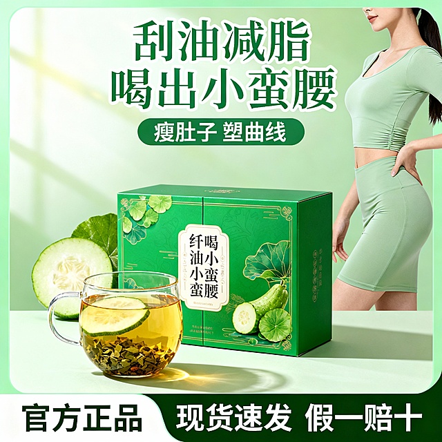 生成三款不同场景的冬瓜荷叶茶主图，分别有小蛮腰、大肚腩、噗噗不顺素材，均突出刮油、减脂、小蛮腰、瘦肚子卖点，采用1:1比例