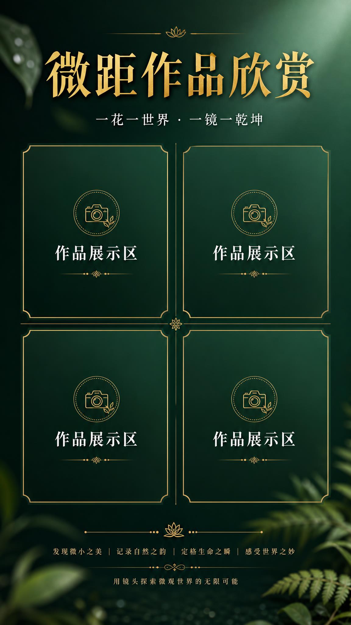 微距摄影作品展示页海报，竖版9:16，深墨绿色渐变背景，高级禅… - 图片创意预览