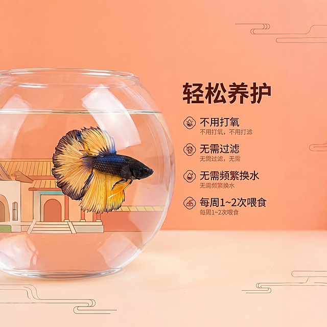 将图片中的容器换成和参考图一样的圆球形玻璃鱼缸，保持斗鱼、文字内容、整体风格和背景不变，只更换容器造型为圆球形玻璃鱼缸