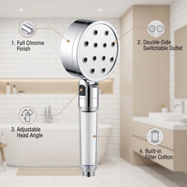 Feature卖点 display image for double-sided filtered handheld showerhead. Keep product appearance 100%预览效果