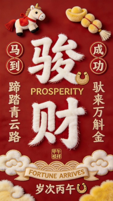 马年毛茸茸国潮红包设计

材质与色调：采用复古红短绒为基底，主视觉元素使用蓬松长绒材质塑造立体感，点缀浅金植绒与奶黄毛绒细节，整体呈现温暖柔软的触觉联想。

核心视觉元素：

中央以复古红蓬松长绒材质预览效果