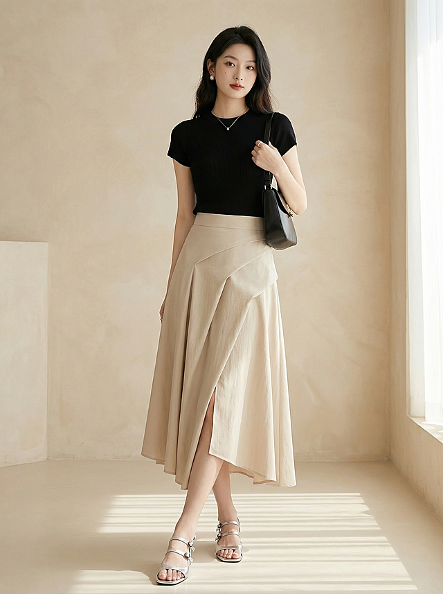 保留这套黑色短袖针织上衣+米色设计感不规则高腰开叉长裙的所有款式、配色和褶皱细节不变，替换模特姿势和背景，生成一张高点击率高转化率适合淘宝的女装套装主图，风格简约气质，凸显身材比例