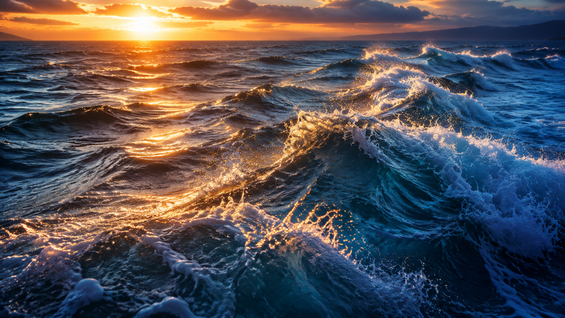 阳光下的海浪，涌动的海面，深蓝色的海水翻涌着白色泡沫，夕阳照在海浪上，像散落的碎金铺满浪尖。主色调是深邃的冷蓝色，搭配暖金色的高光预览效果