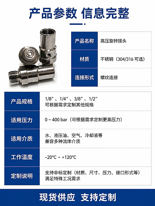 [第10屏] 产品参数-完整规格参数收口页。本屏使用【图1】作为产品主体。
[氛围/风格] 专业参数收口风格，简洁完整。
[元素布局] 产品主体放置在画面左上，右侧和下方为完整参数表格。产品占比约30%，参数区域占比约70%，布局均衡。保持产品外观结构与原图一致，精修美化。背景纯白色。
[光影质感] 均匀布光，产品清晰，参数文字易读。
[配色色系] 全局底色 #ffffff；参数表头深蓝色，内容黑色，对比清晰。
[视角构图] 左上产品右下参数，分区清晰，阅读流畅。
[文字版式] 顶部主标题「产品参数 信息完整」，参数表包含：产品名称、材质、连接形式、产品规格、适用压力、适用介质、工作温度、定制说明。文字清晰，行间距适中，手机端可读。底部深蓝色通栏标注「现货供应 支持定制」，白色文字。
[比例分辨率] 3:4 竖版比例，4K 分辨率，宽度2048px，文字清晰可辨，高清画质。
[负向提示词] 变形，水印，文字错乱，文字过小，缺件错件，结构错误，颜色偏差，产品图模糊，背景杂乱。