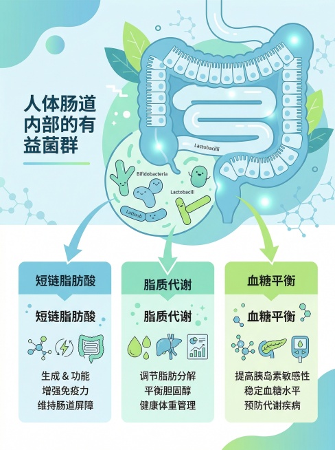 扁平信息图表风格，展示人体肠道内部的有益菌群，分别标注文字"短链脂肪酸"、"脂质代谢"、"血糖平衡"，整体蓝绿色调，风格简洁现代的信息图预览效果