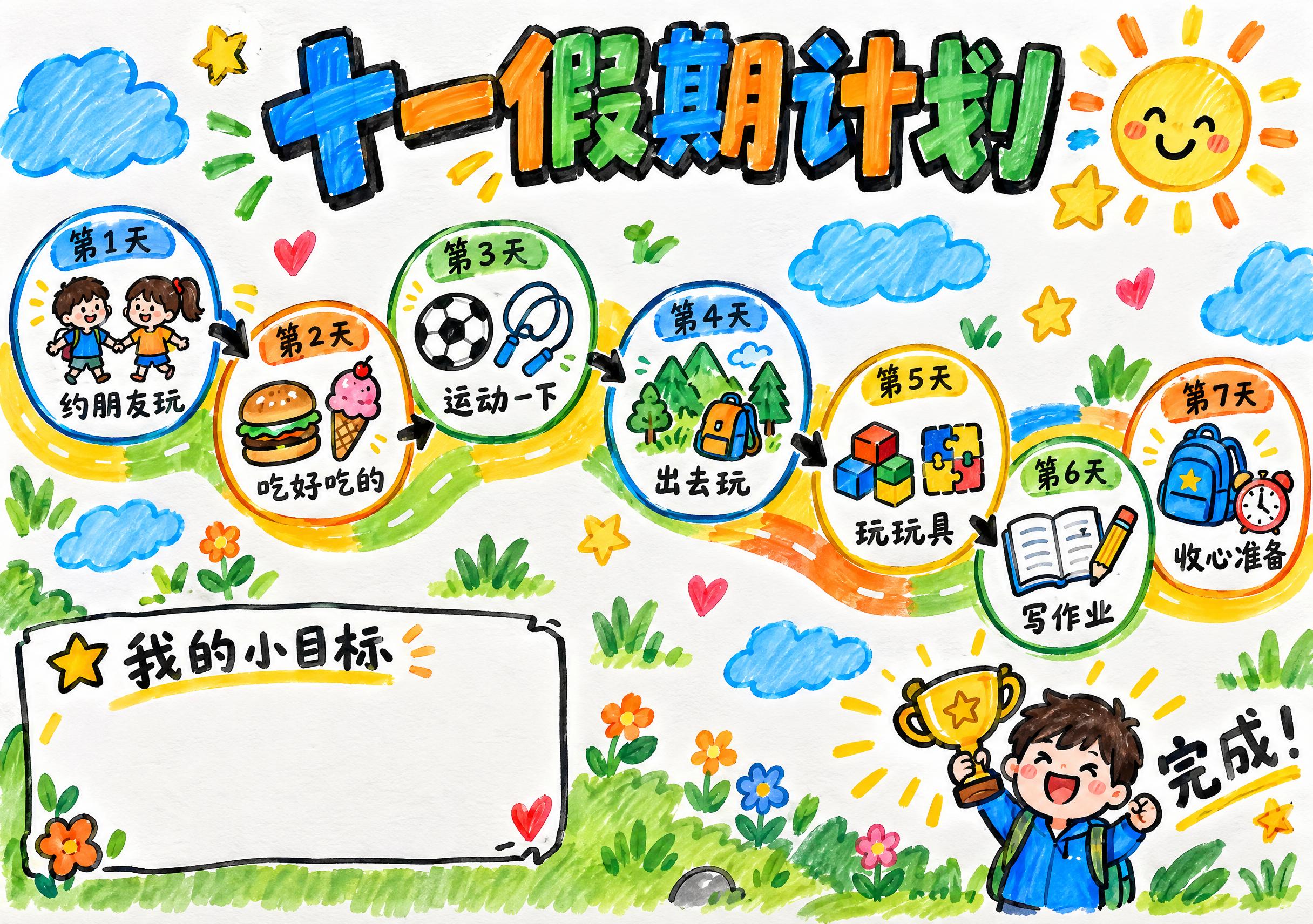 A4横版小学生十一假期计划表手抄报，男女通用版，纯白色素描纸质… - 图片创意预览