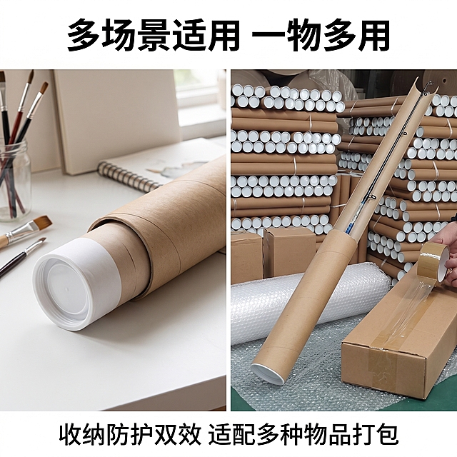 1:1正方形电商主图，稳重质感商务风，原木质朴工业质感，高清写实画质；画面采用左右分栏模块化布局，左侧展示卷轴海报装入牛皮纸纸管收纳的工作室桌面场景，右侧展示鱼竿套入牛皮纸纸管进行快递打包的物流场景，纸管产品自然融入场景中，严格还原带白色塑料密封端盖的牛皮纸纸管的外观、管壁颜色、纸层纹理、端盖样式等所有细节，产品支持按需定制尺寸；背景为低饱和度的简约室内环境，柔和自然光均匀铺洒；全程使用免费商用无版权字体，画面顶部居中用无衬线极简文字做主标题“多场景适用 一物多用”，底部搭配小字副标题“收纳防护双效 适配多种物品打包”；产品自然露出约占画面2/3，通过场景间接呈现产品价值，整体和谐统一。