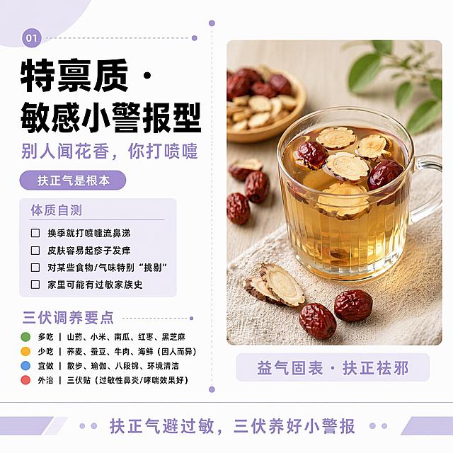 特禀质 · 敏感小警报型
整体风格延续之前的简约信息图风（Infographic Style），配色上建议用薰衣草紫（#B39DDB）+ 淡紫（#EDE7F6），代表“敏感、温和、细腻”。

左半部分（文字区）

项目	内容
标题	特禀质 · 敏感小警报型
副标题	别人闻花香，你打喷嚏
小标签	扶正气是根本
体质自测（带□小方框）
□ 换季就打喷嚏流鼻涕
□ 皮肤容易起疹子发痒
□ 对某些食物/气味特别“挑剔”
□ 家里可能有过敏家族史

三伏调养要点（彩色圆点+文字）
● 多吃 | 山药、小米、南瓜、红枣、黑芝麻
● 少吃 | 荞麦、蚕豆、牛肉、海鲜（因人而异）
● 宜做 | 散步、瑜伽、八段锦、环境清洁
● 外治 | 三伏贴（过敏性鼻炎/哮喘效果好）

右半部分（图片区）

一张写实照片： 黄芪红枣茶「图片1」

照片下方文字标注：
益气固表 · 扶正祛邪

底部金句： 扶正气避过敏，三伏养好小警报