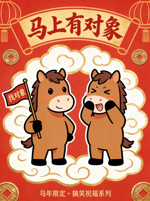 国潮搞笑插画风格，Q版拟人马举着写有“找对象”的小旗子，另一匹马害羞出现，搞笑表情夸张，国潮搞笑插画，红金背景祥云环绕，顶部大字“马上有对象”手写书法风，底部小字“马年限定 · 搞笑祝福系列”，夸张表预览效果