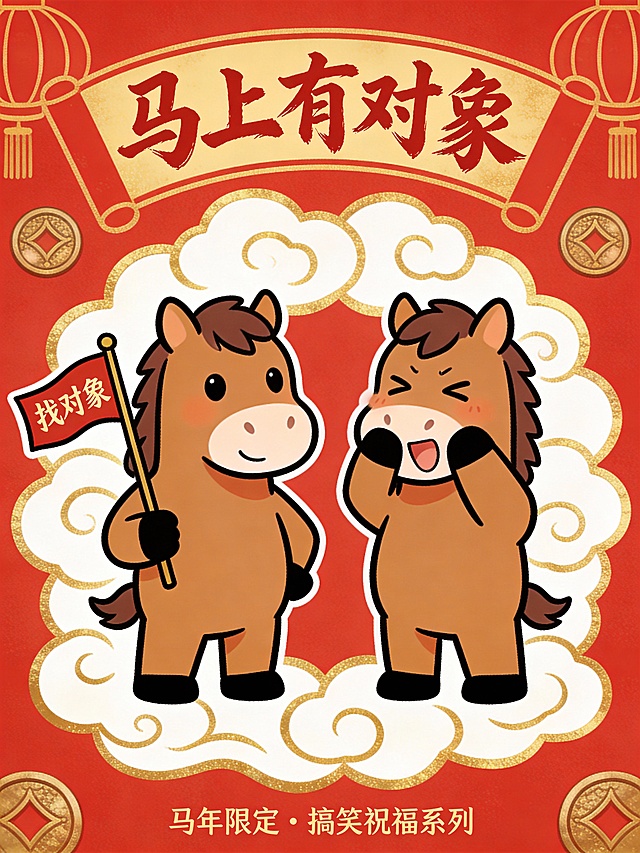 国潮风剪纸质感背景，拟人化卡通马形象俏皮互动，鎏金边框点缀喜庆红底，融合传统元素与现代幽默，传递马年趣味祝福。