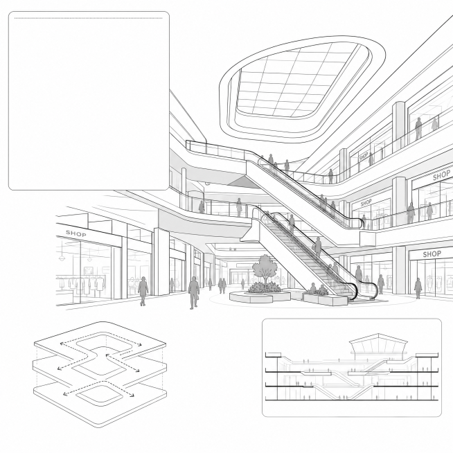 简笔画风格的商场空间设计插图，线条简洁，构图干净，展示现代商场室内空间结构，适合放在设计说明旁边预览效果